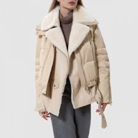 Nicole Benisti Hayden biker jacket coat shearling beige tan cream small s - Picture 3 of 4